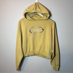 NIKE Floral Embroidered Logo Cropped Hoodie Womens M Tree Mist Green Lightweight
